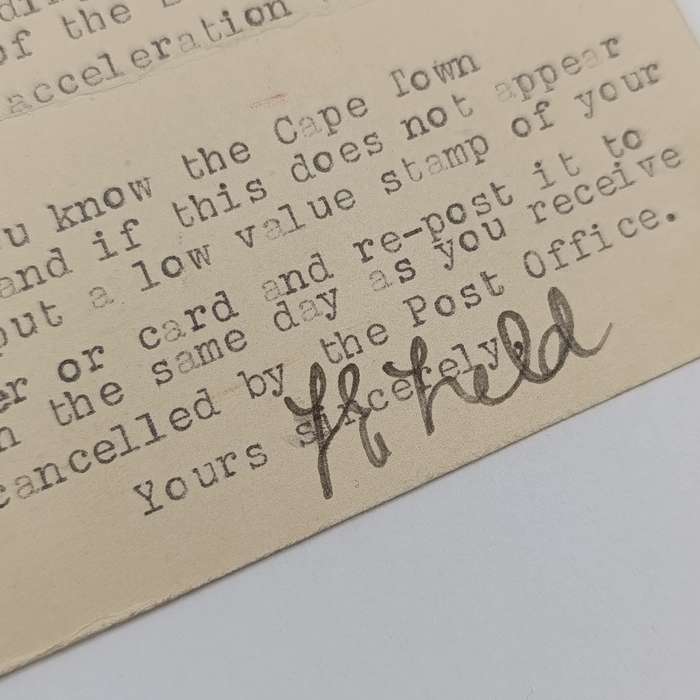 Airmail Postcard with airmail label marked "By Accelerated Service" London to Cape Town