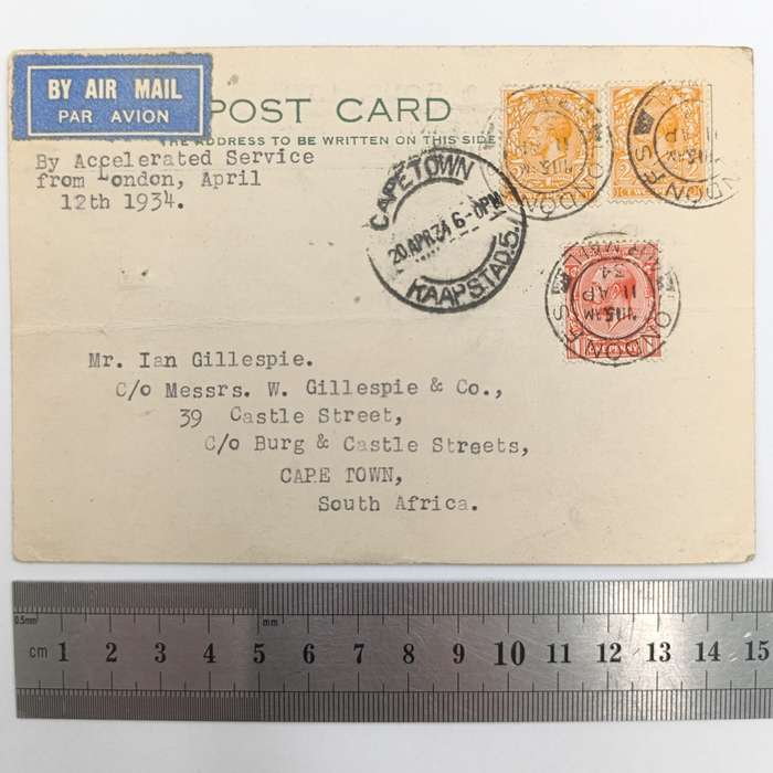 Airmail Postcard with airmail label marked "By Accelerated Service" London to Cape Town