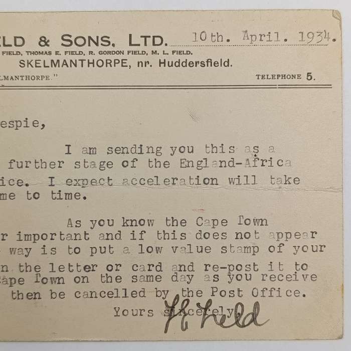 Airmail Postcard with airmail label marked "By Accelerated Service" London to Cape Town