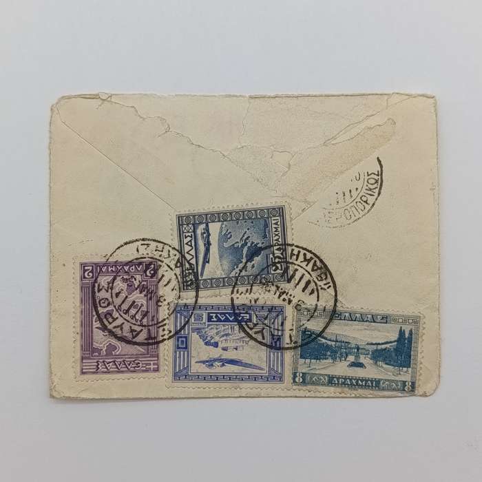 Torn Airmail cover Greece to Strand, South Africa 3 May 1935 with RAR Avion cancel on front