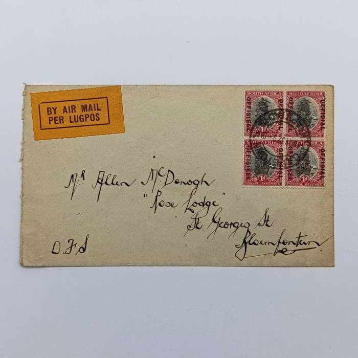 Airmail Cover Cape Town South Africa to Bloemfontein South Africa with block of 4 official stamps