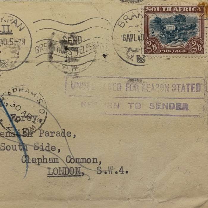 Airmail cover South Africa to London with 2/6 wartime rate stamp cancelled Brakpan 15 Apr 40