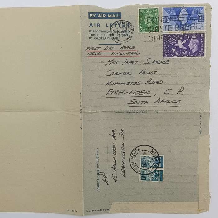 British First Day air mail peace cover 11 June 1946 England to South Africa