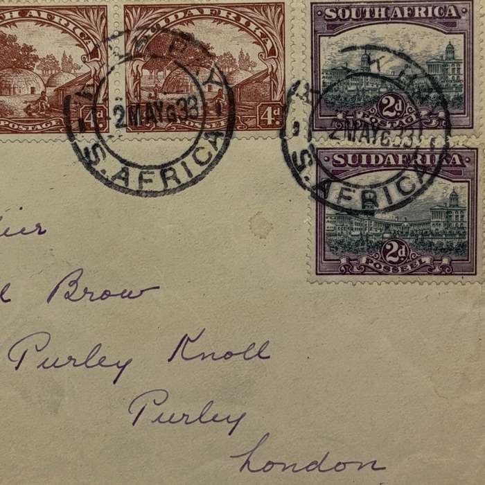 Airmail cover Kalk Bay South Africa to London England with 1st Roto Issue