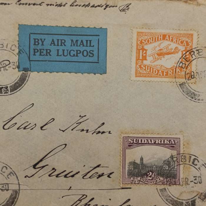 Airmail cover Berbice (near Piet Retief) to Rheinland Germany with 4x South Africa stamps