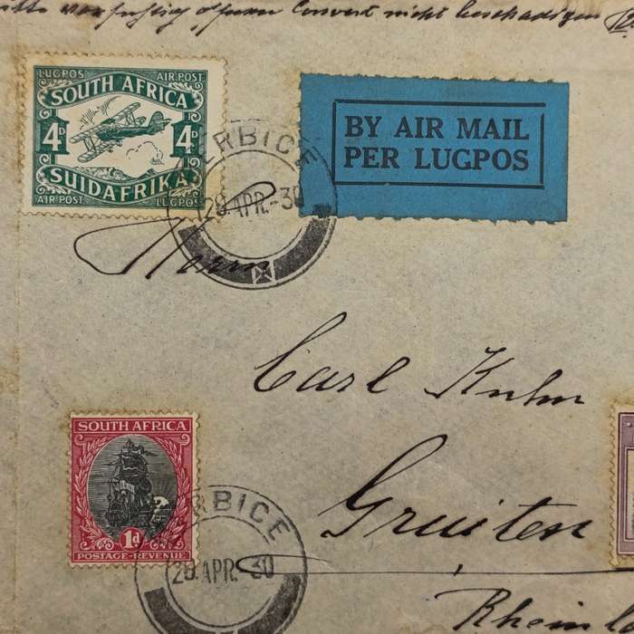 Airmail cover Berbice (near Piet Retief) to Rheinland Germany with 4x South Africa stamps