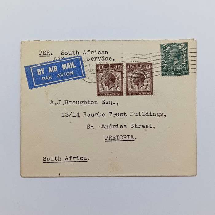 Airmail cover per South African Air Mail service England to Pretoria South Africa August 1929