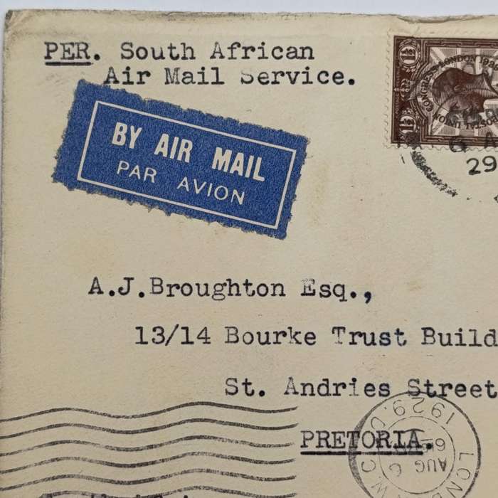 Airmail Cover London to Pretoria South Africa per South African Air Mail Service - 2 British stamps