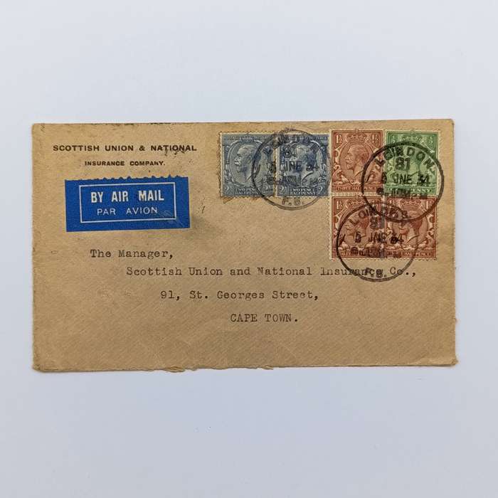 Airmail Cover London to Cape Town with 3 colour British stamps cancelled 5 June 1934