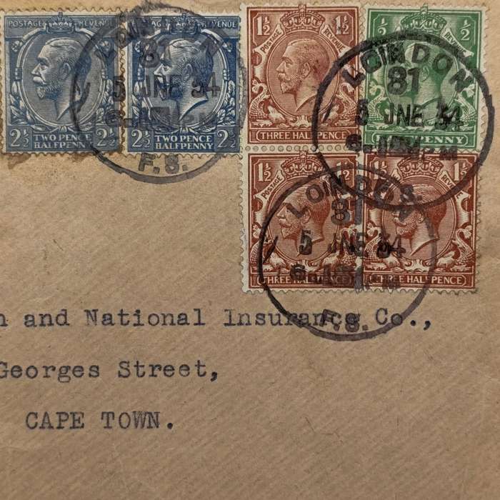 Airmail Cover London to Cape Town with 3 colour British stamps cancelled 5 June 1934