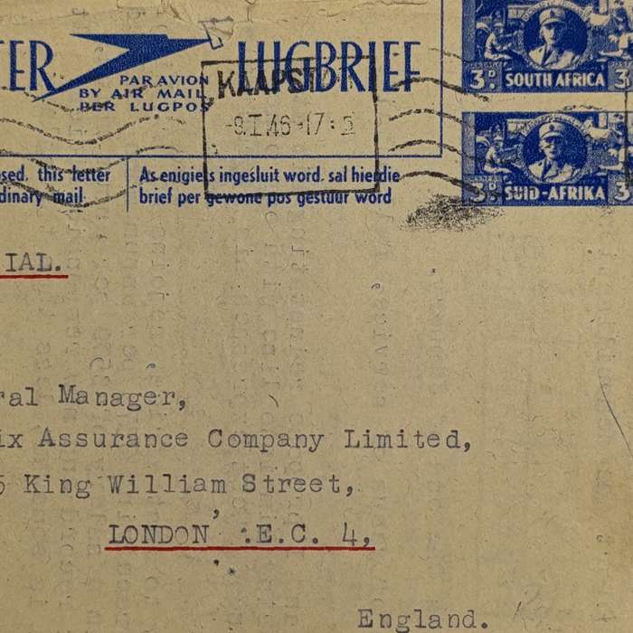 WW2 Air letter used 9 Jan 1946 Cape Town to London with 2 pre-printed 3d stamps