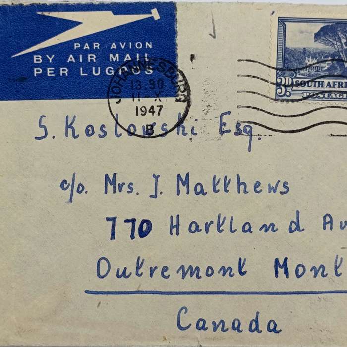 Airmail cover Johannesburg South Africa to Montreal Canada 11 Oct 1947 with 2x South Africa stamps