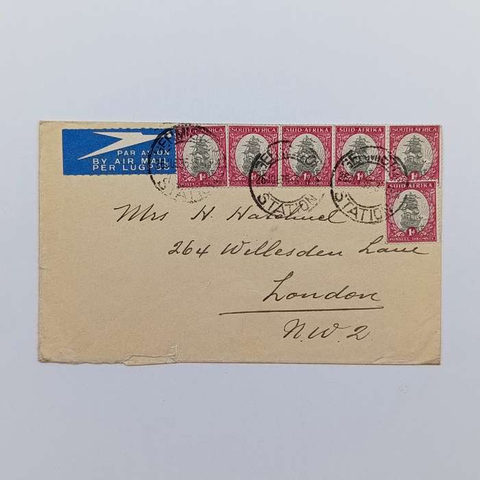 Airmail Cover Germiston Station South Africa to London with 6 x South Africa