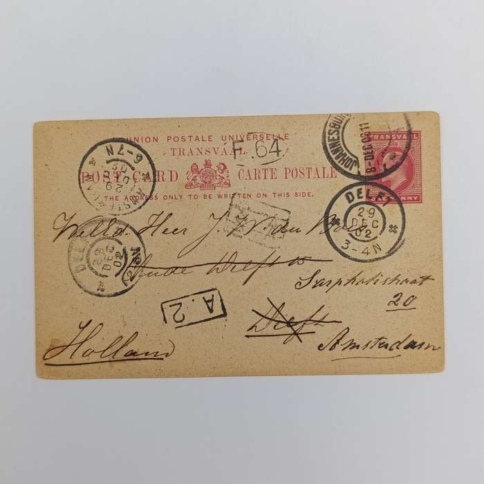 Transvaal Postcard from Johannesburg South Africa to Delft Holland redirected to Amsterdam Holland