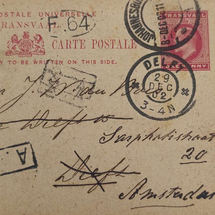 Transvaal Postcard from Johannesburg South Africa to Delft Holland redirected to Amsterdam Holland