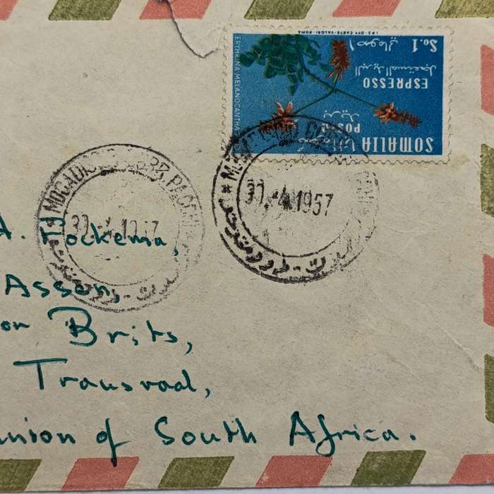 Airmail letter from Mogadisho, Somalia to Assen, Transvaal dated 30 April 1957