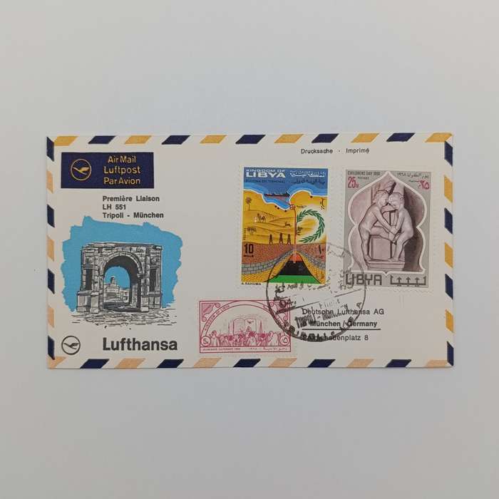 Lufthaiusa Airmail flight cover from Tripoli to munchen with 3 Libya stamps - November 1968