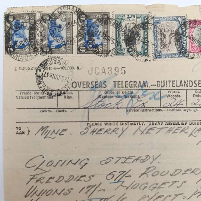 Telegram dated 1947 with 6 South African stamps - A stock report sent from South Africa to USA