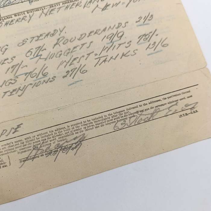 Telegram dated 1947 with 6 South African stamps - A stock report sent from South Africa to USA