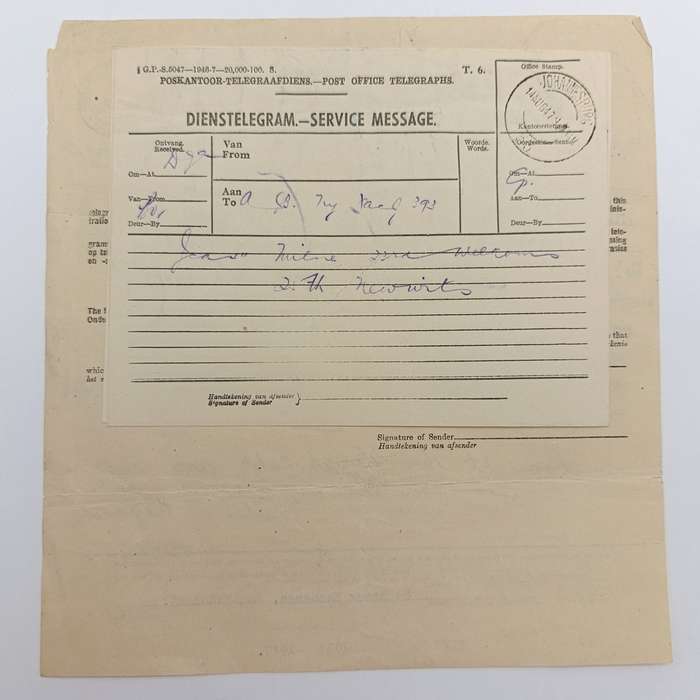 Telegram dated 1947 with 9 South African stamps - A stock report sent from South Africa to USA