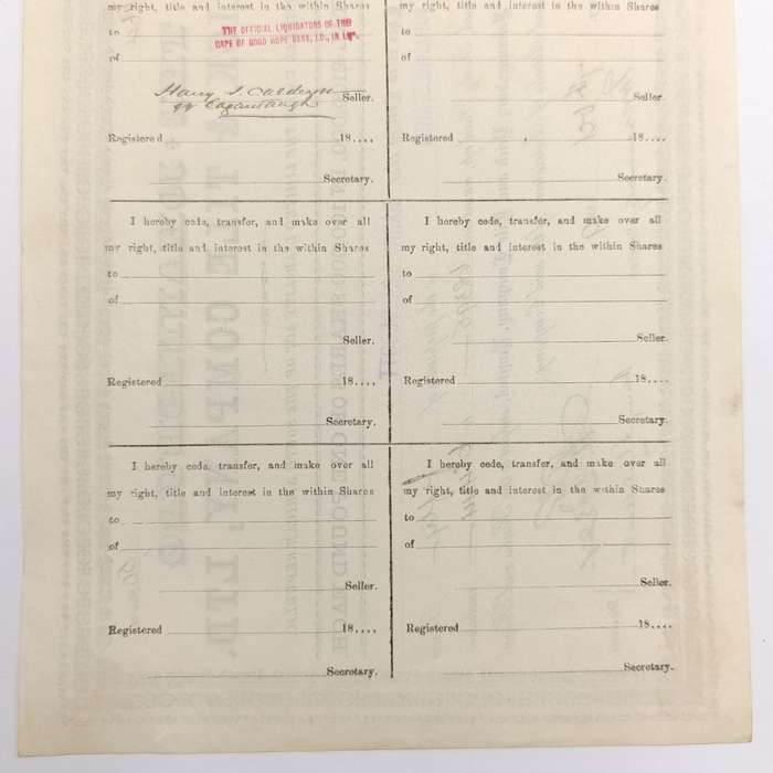 Share certificate dated 7th of October 1889 for The Johannesburg Brick and Tile Company