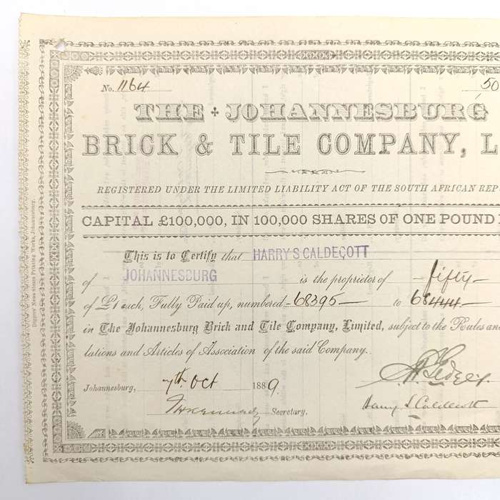 Share certificate dated 7th of October 1889 for The Johannesburg Brick and Tile Company