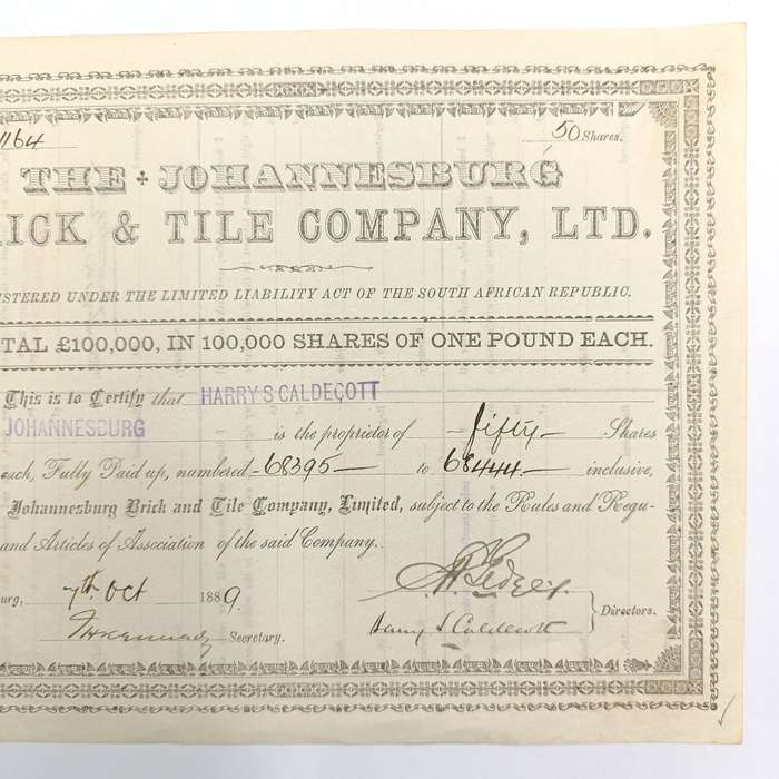 Share certificate dated 7th of October 1889 for The Johannesburg Brick and Tile Company