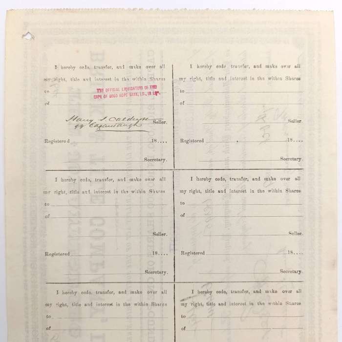 Share certificate dated 7th of October 1889 for The Johannesburg Brick and Tile Company