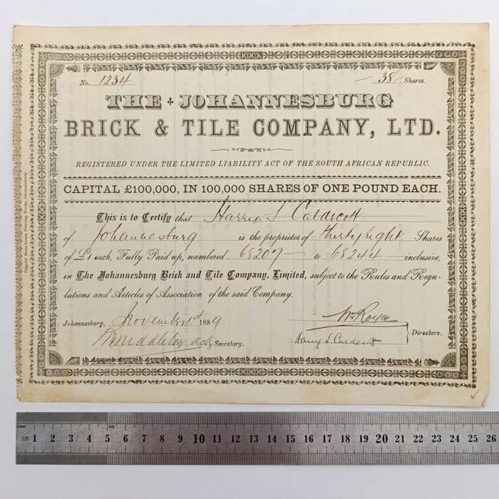Share certificate dated 1st of November 1889 for The Johannesburg Brick and Tile Company