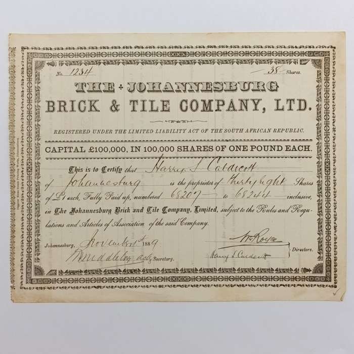 Share certificate dated 1st of November 1889 for The Johannesburg Brick and Tile Company
