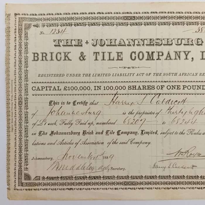 Share certificate dated 1st of November 1889 for The Johannesburg Brick and Tile Company