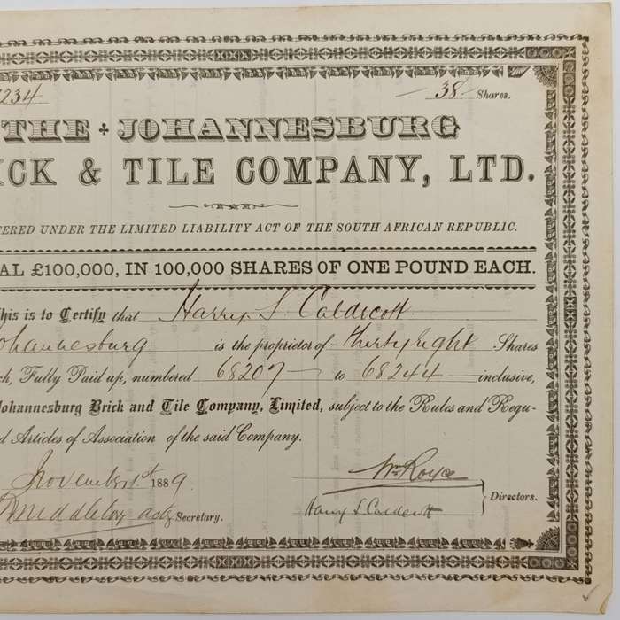 Share certificate dated 1st of November 1889 for The Johannesburg Brick and Tile Company
