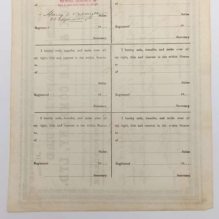 Share certificate dated 1st of November 1889 for The Johannesburg Brick and Tile Company