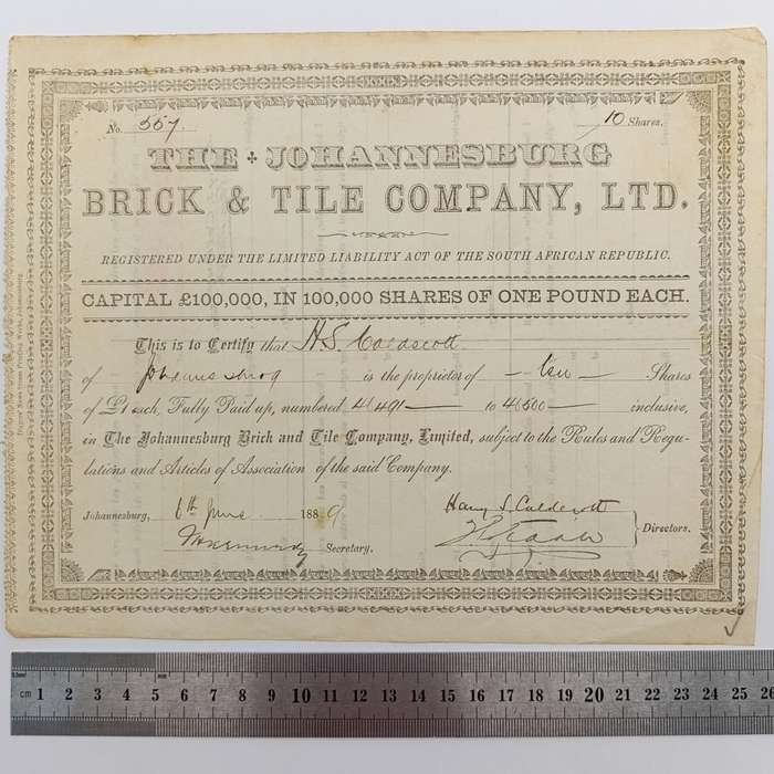 Share certificate dated 6th of June 1889 for The Johannesburg Brick and Tile Company