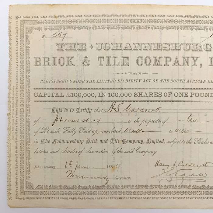 Share certificate dated 6th of June 1889 for The Johannesburg Brick and Tile Company