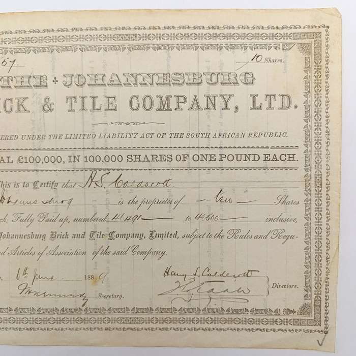 Share certificate dated 6th of June 1889 for The Johannesburg Brick and Tile Company