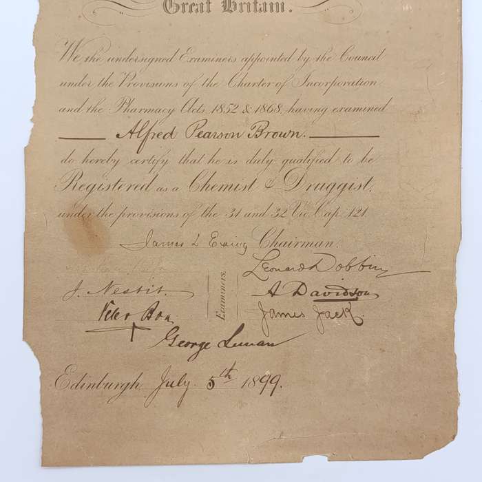 Pharmacist certificate issued by The Pharmaceutical society of Great Britain for Alfred Pearson Brow