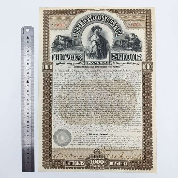 Cleveland, Cininnati, Chicago and St Louis Railway company 1893 - $1000 Gold bond - no. 22279
