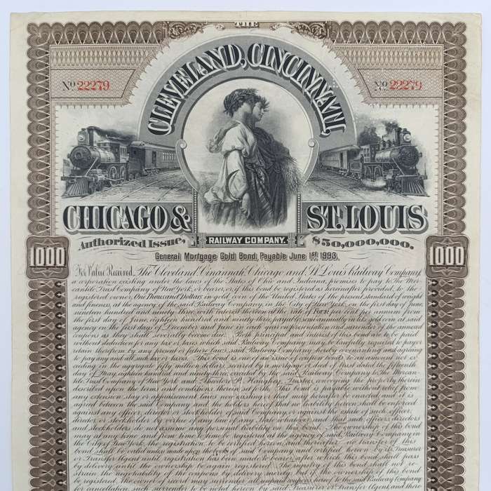 Cleveland, Cininnati, Chicago and St Louis Railway company 1893 - $1000 Gold bond - no. 22279