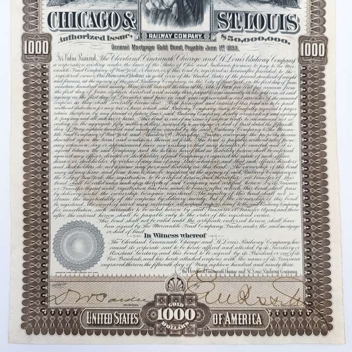 Cleveland, Cininnati, Chicago and St Louis Railway company 1893 - $1000 Gold bond - no. 22279