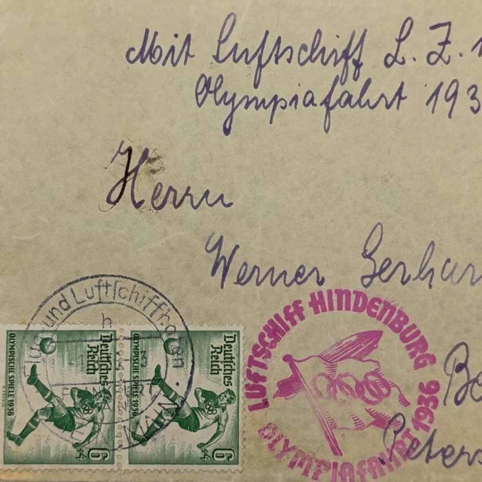 Olympic Flight cover flown 1/8/36 on the Airship Hindenburg with Olympia flight 1936 pink cancel
