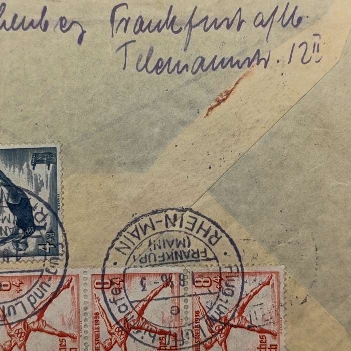 Olympic Flight cover flown 1/8/36 on the Airship Hindenburg with Olympia flight 1936 pink cancel