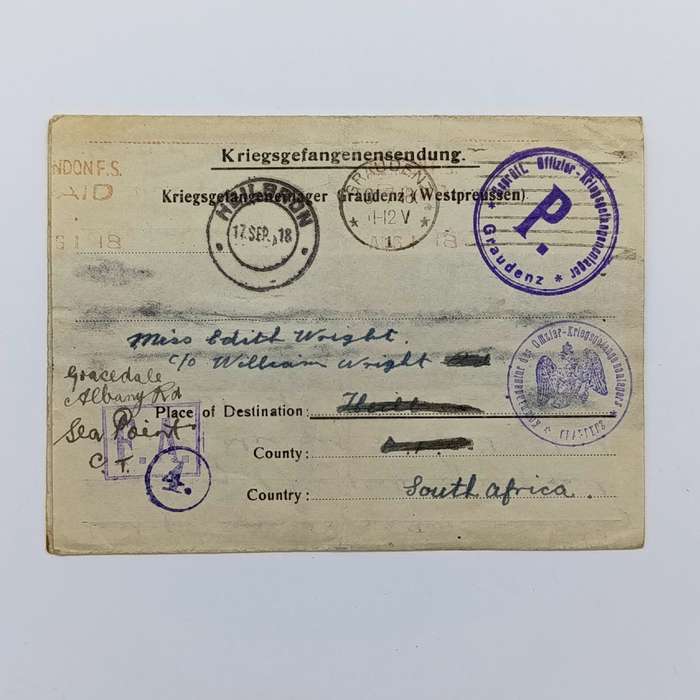 Prisoner of War letter from Graudenz Poland to Heilbron, South Africa with various prison camp