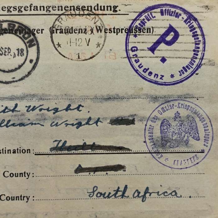 Prisoner of War letter from Graudenz Poland to Heilbron, South Africa with various prison camp