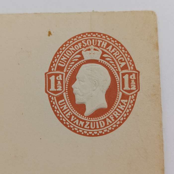 Union of South Africa pre-printed envelope with embossed 1 1/2d imprint stamp - unused