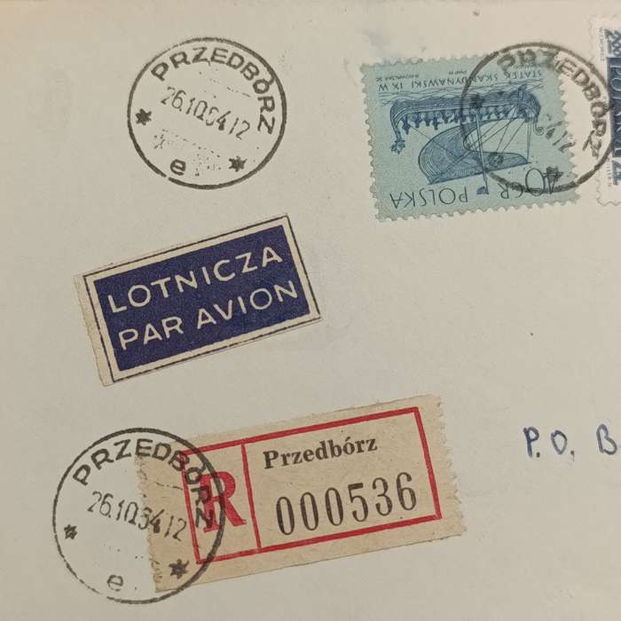 Registered airmail cover from Przedborz, Poland to Cape Town South Africa