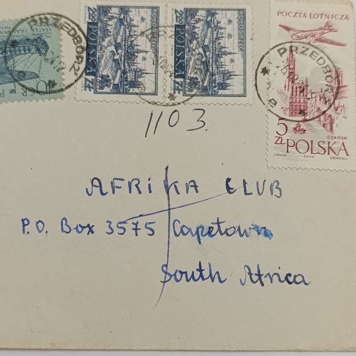 Registered airmail cover from Przedborz, Poland to Cape Town South Africa