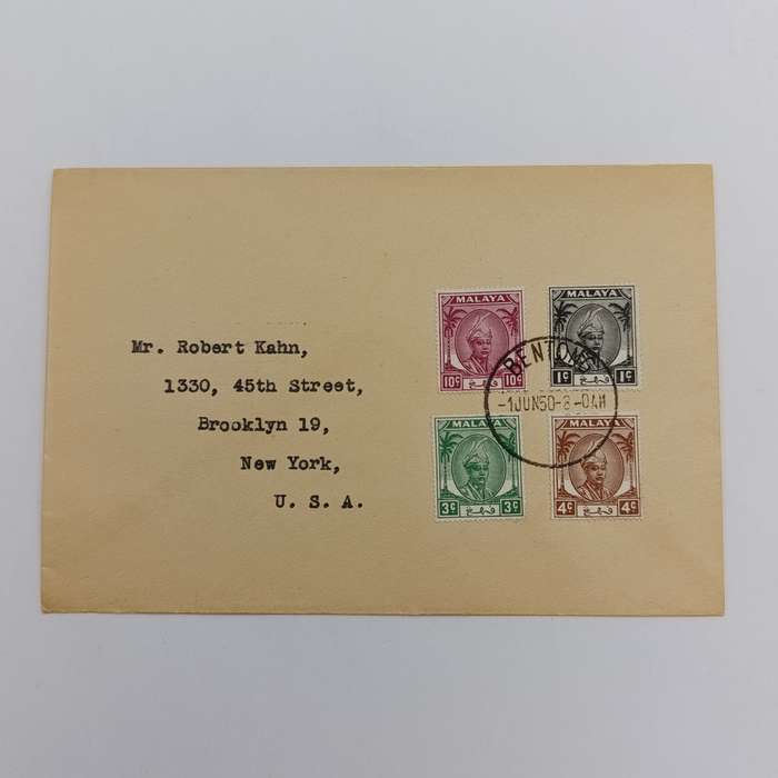 Postal cover from Bentang, Maalaysia to New York, USA 1 June 1950