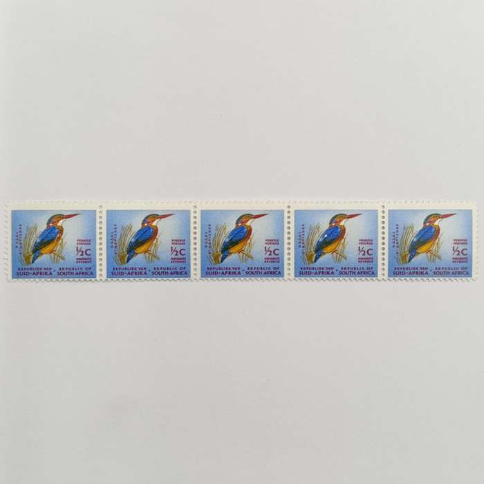 Republic of South Africa SACC 197 - 31 May 1961 definitive issue 1/2 cent stamp - strip of 5 with wh
