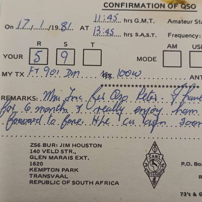 Jan Smuts Airport - Kempton Park 1981 QSL radio amateur card